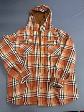 Women’s warm lined Plaid Flannel Jacket rust colored with hood Size Medium